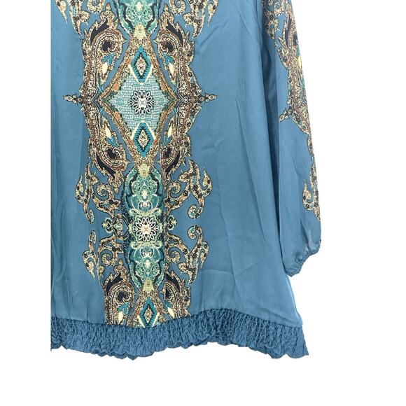 Roz & Ali Womens Boho 1X Teal Baroque Print Blouse 3/4 Sleeve Bubble Hem Top - Picture 10 of 16